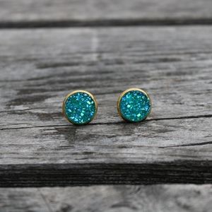Gold Mermaid Teal Druzy Geode stud earrings